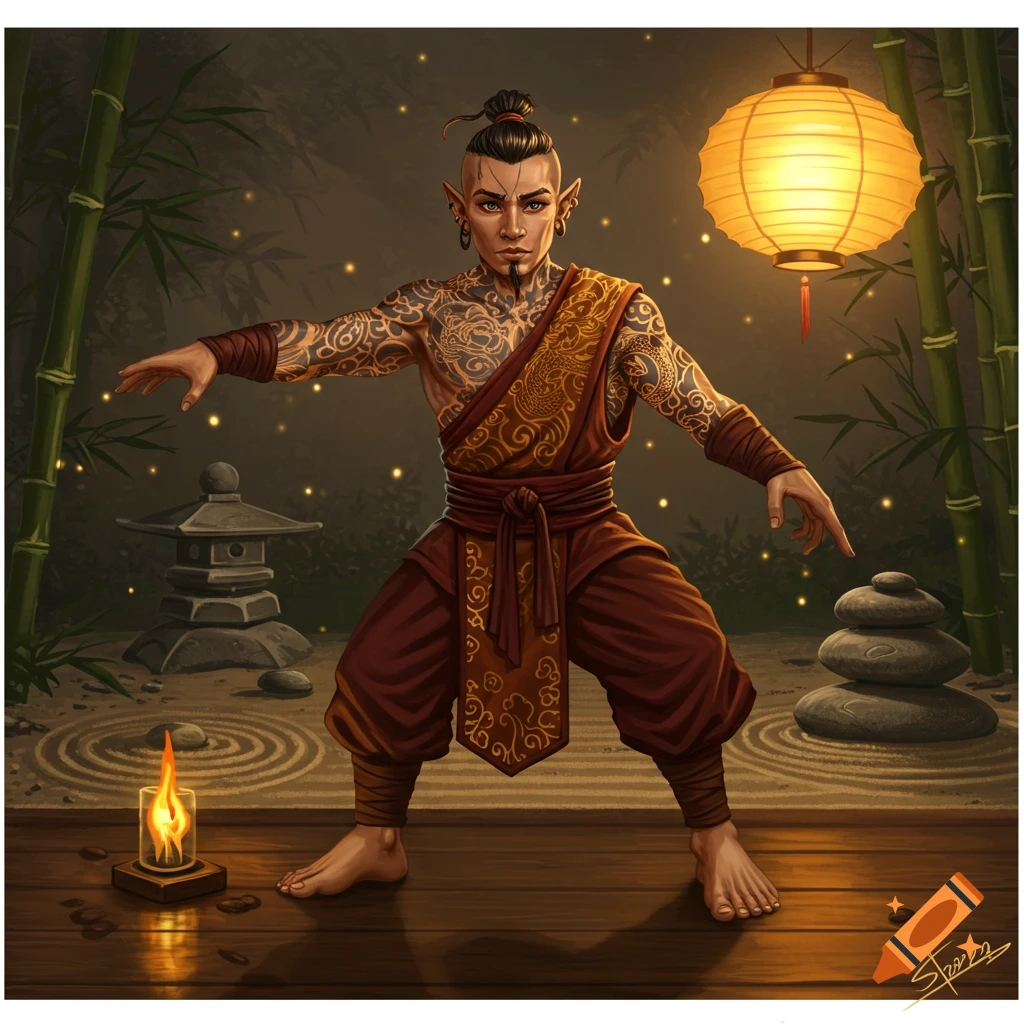 A heavily tattooed fantasy monk with pointed ears in a martial arts stance, in a zen garden with bamboo and a lit lantern.