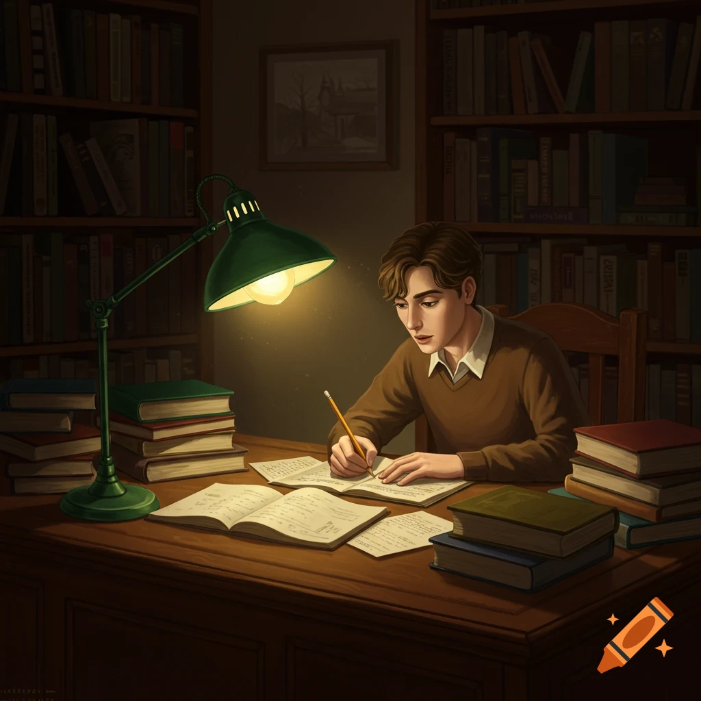 A young man with brown hair studies intently at a wooden desk in a dimly lit library, under the glow of a green desk lamp. Books are stacked around him.