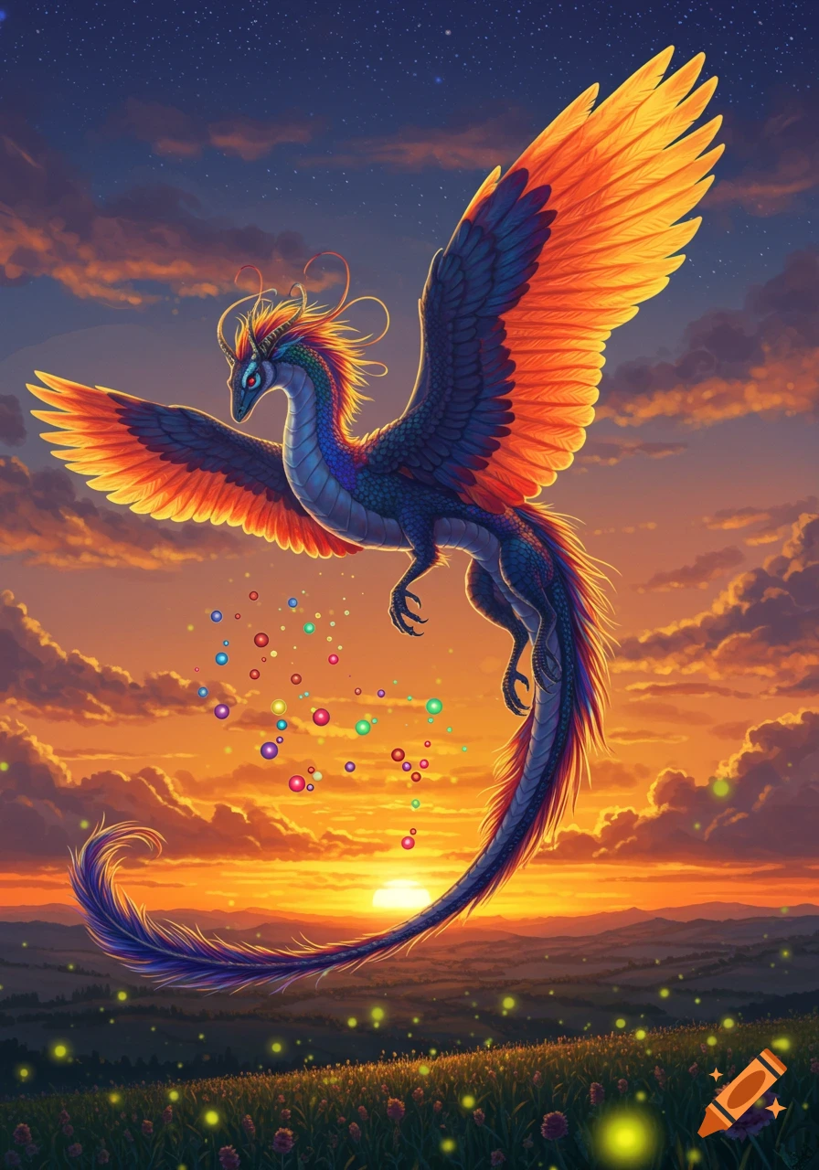 A vibrant, feathered dragon with glowing wings flies above a field of fireflies at sunset, emitting colorful magical orbs.