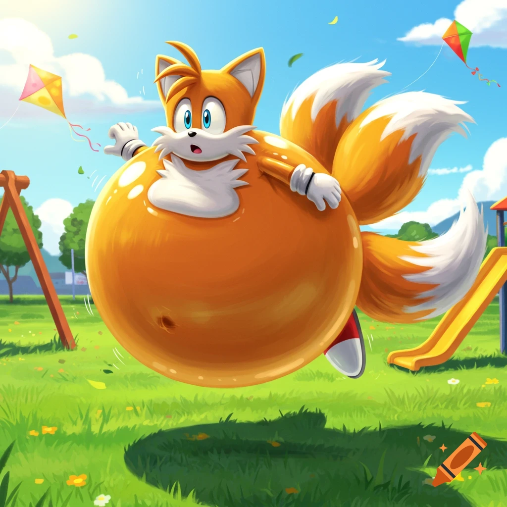 Tails from Sonic the Hedgehog, inflated like a giant orange balloon, floats above a grassy park with playground equipment and kites.