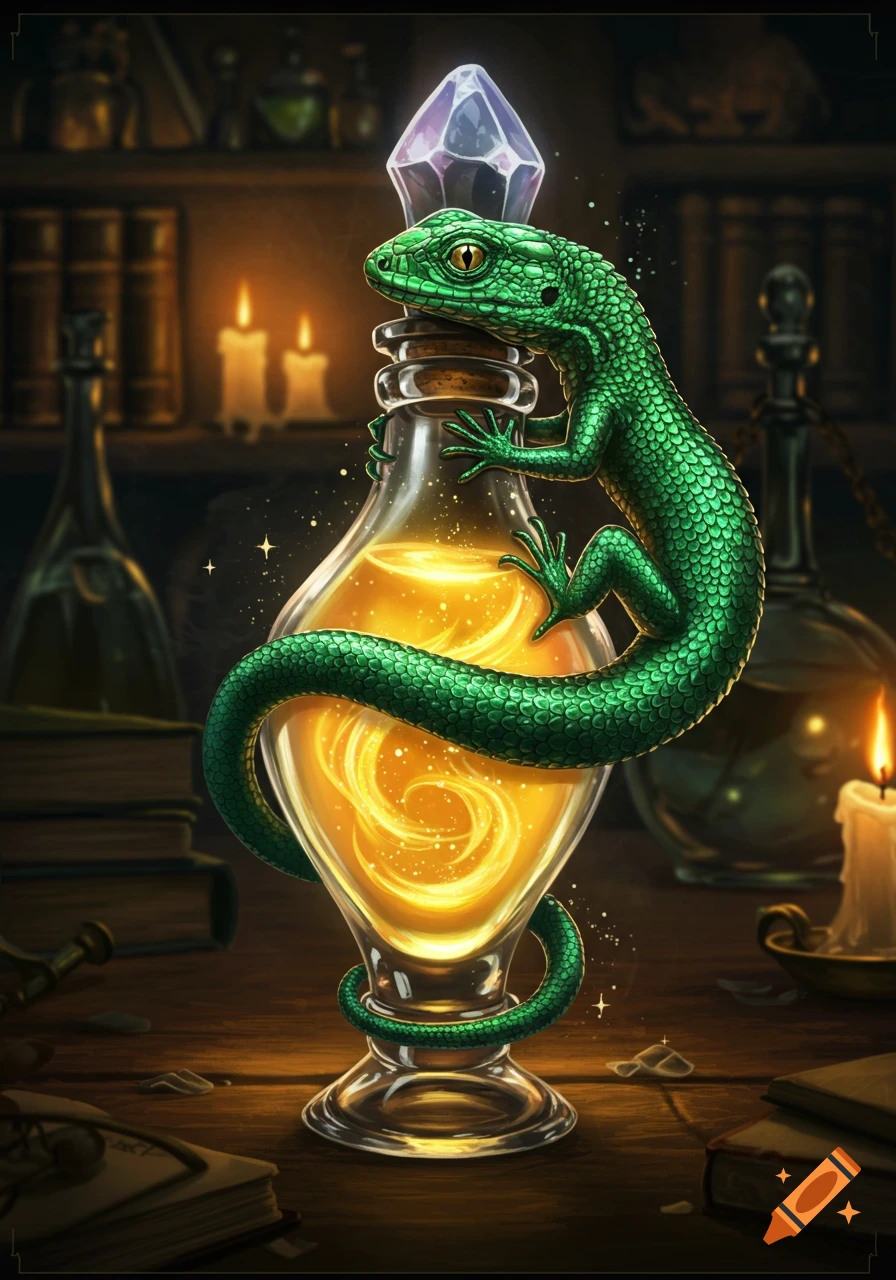 A green lizard is coiled around a glowing potion bottle with a crystal stopper, set on a wooden table in an alchemy room.