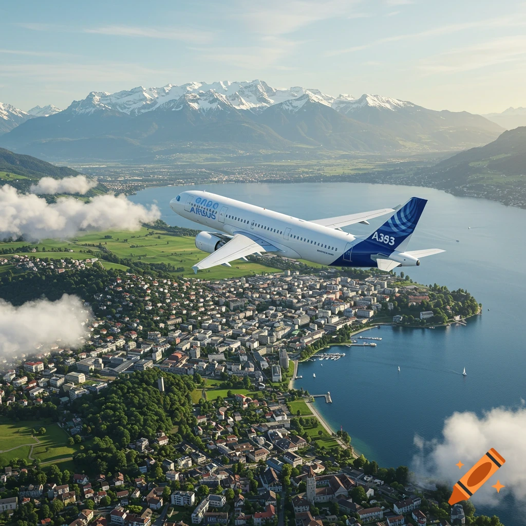Photorealistic aerial view of a white airplane flying over a city next to a large lake, with snow-capped mountains in the background.