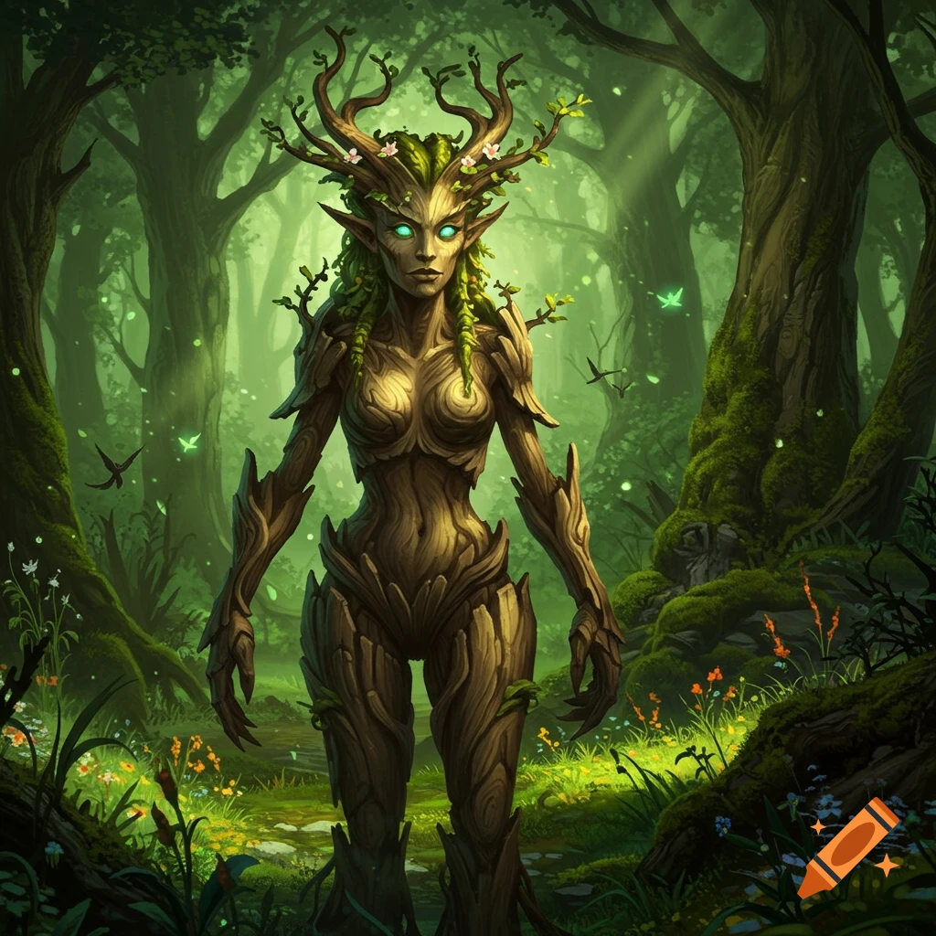 A fantasy dryad with glowing eyes, tree bark skin, and leafy hair stands in a vibrant, mossy forest.
