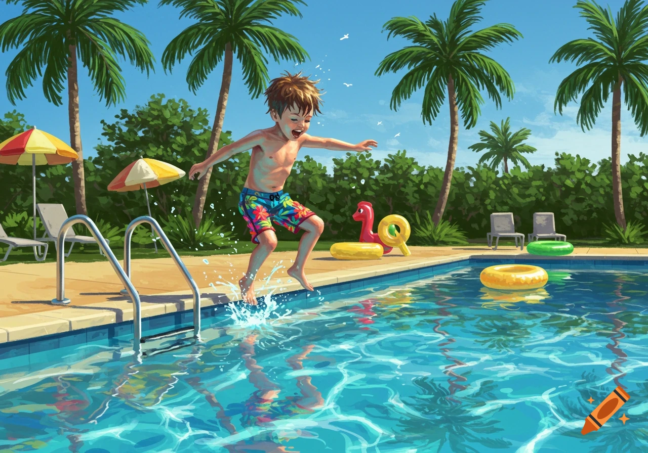 A joyful boy in colorful swim trunks leaps into a bright swimming pool, splashing water. Palm trees and umbrellas surround the pool in a vibrant illustration.