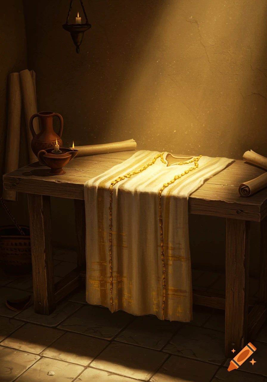 A white tunic with gold embellishments lies on a wooden table in a dimly lit, ancient room, with scrolls, a jug, and oil lamps nearby.