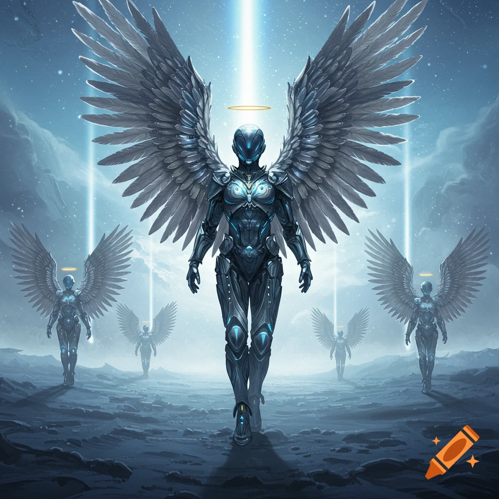 Futuristic armored angels with large wings walk on a desolate alien planet under glowing light beams, sci-fi fantasy.