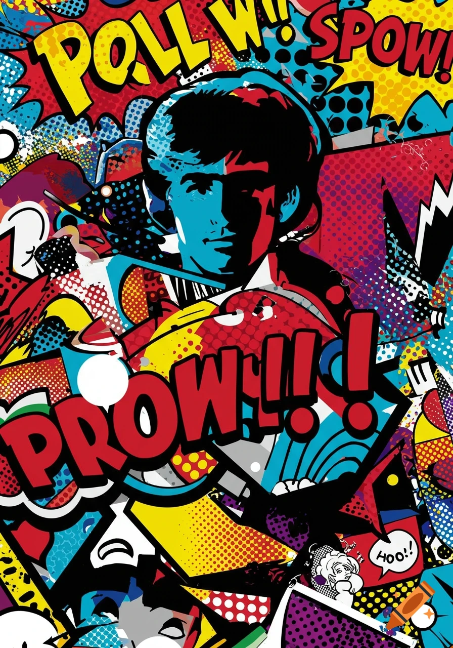 A vibrant pop art collage featuring a person's stylized portrait surrounded by comic book sound effects and patterns.