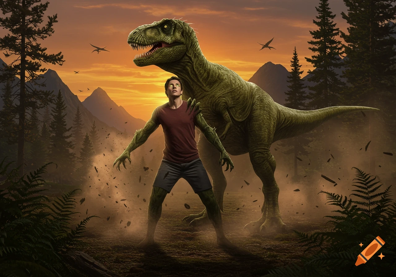 A man transforms into a dinosaur in a forest with mountains at sunset, a large dinosaur stands behind him.