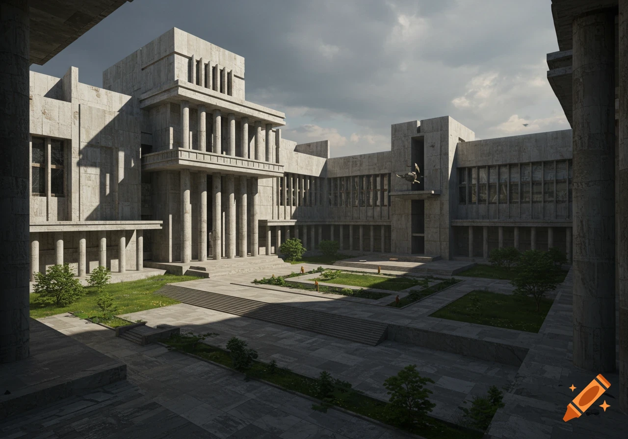 A monumental building in a hybrid Greek and Brutalist style, featuring exposed concrete, pillars, and courtyards under an overcast sky.