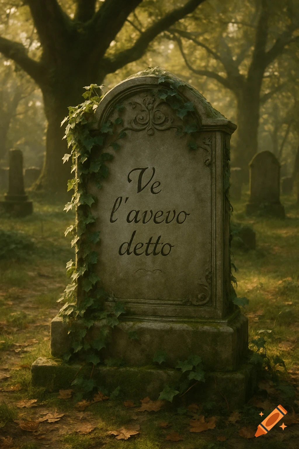 An old, mossy tombstone with ivy in a misty cemetery at sunrise, reading 'Ve l'avevo detto'.