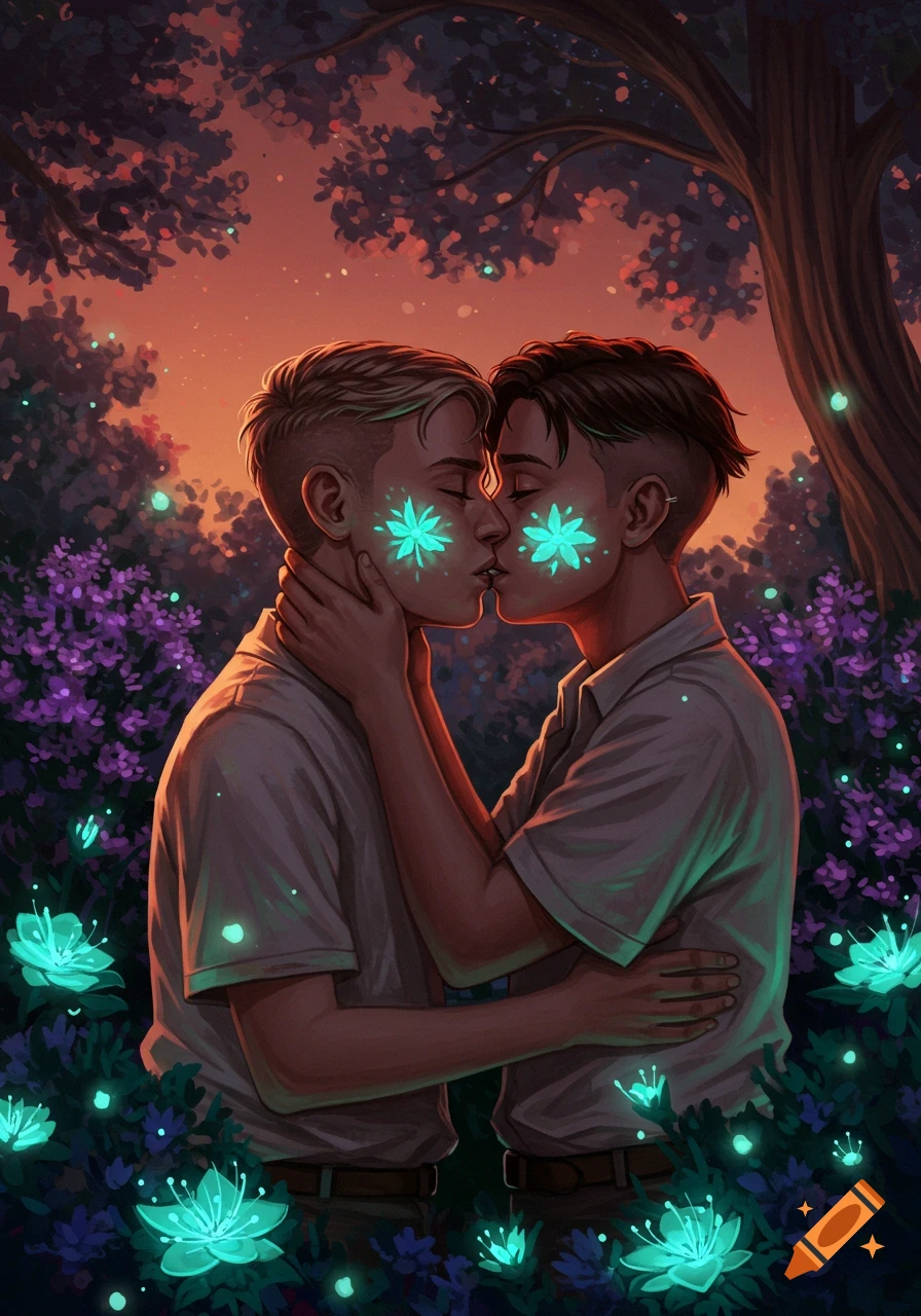 Two men with glowing patterns on their cheeks kiss in an enchanted forest at sunset, surrounded by teal glowing flowers, digital art.
