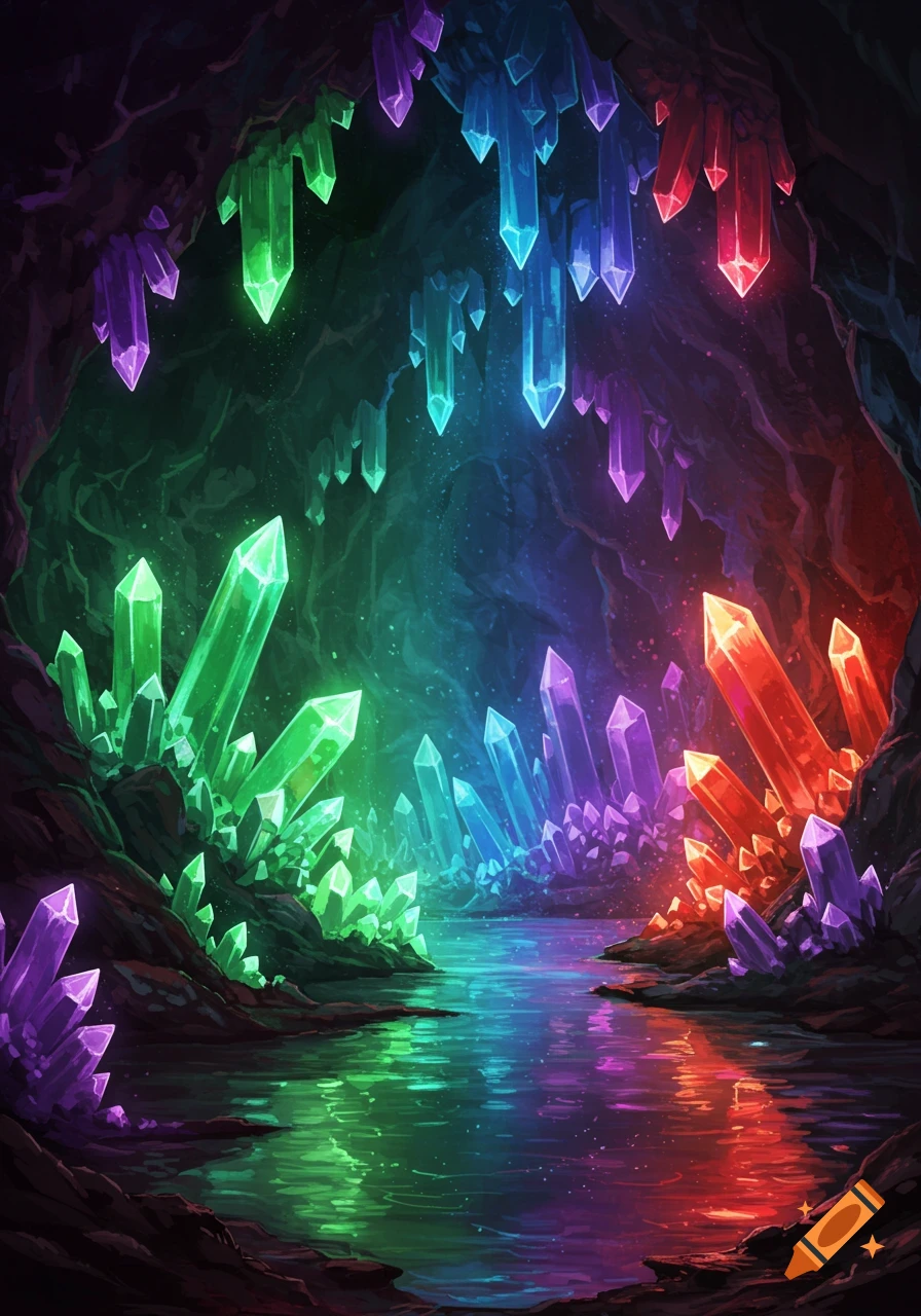 A fantastical cave with a stream reflecting glowing green, blue, purple, and red crystals growing from the walls and ceiling.