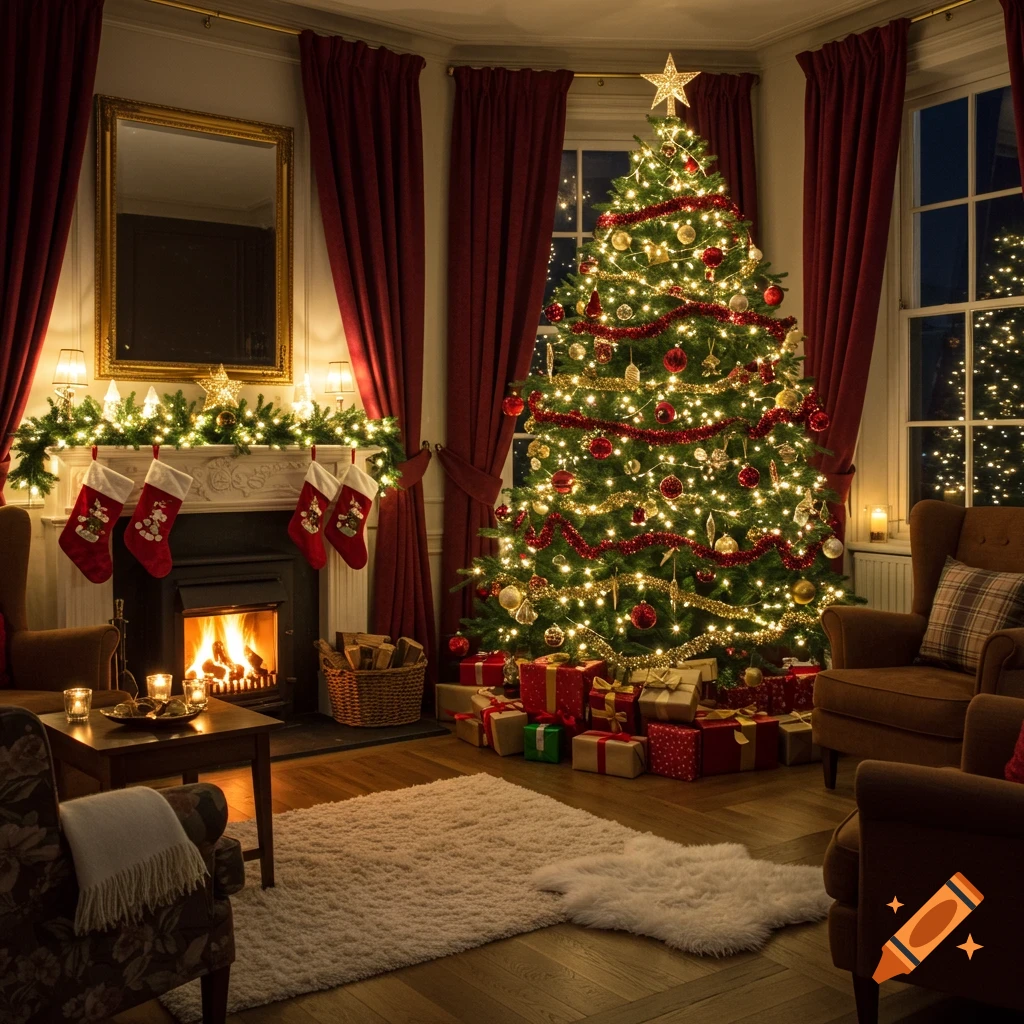 A cozy, warmly lit lounge decorated for Christmas with a fireplace, a large Christmas tree, and wrapped gifts.