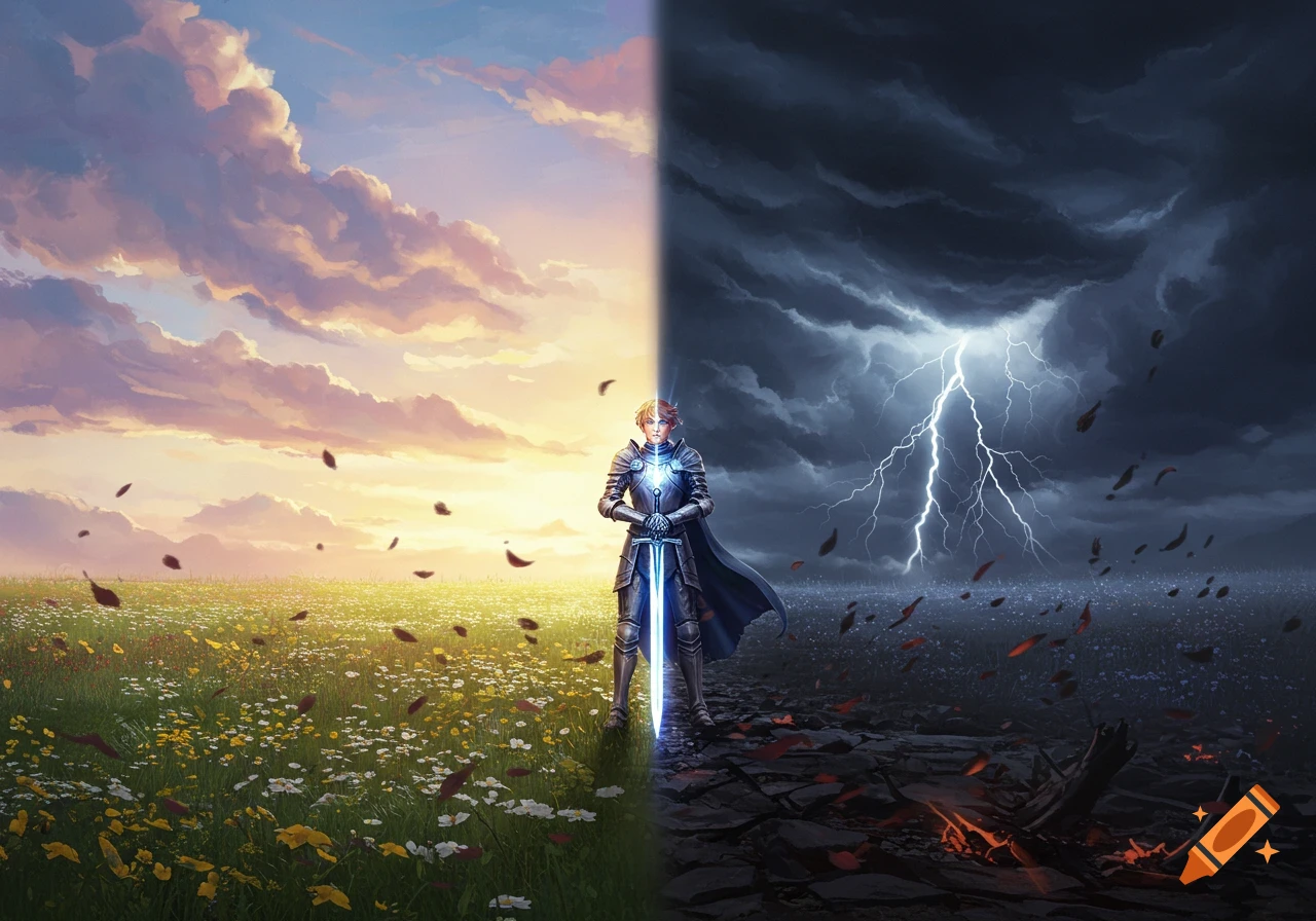 A knight in shining armor with a glowing sword stands on a path split between a sunny, flowery field and a dark, stormy wasteland.