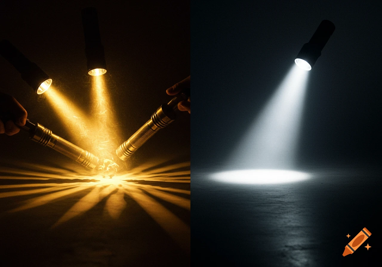 A split image shows three warm-toned flashlights illuminating a spot on the left, and a single cool-toned flashlight illuminating a spot on the right.