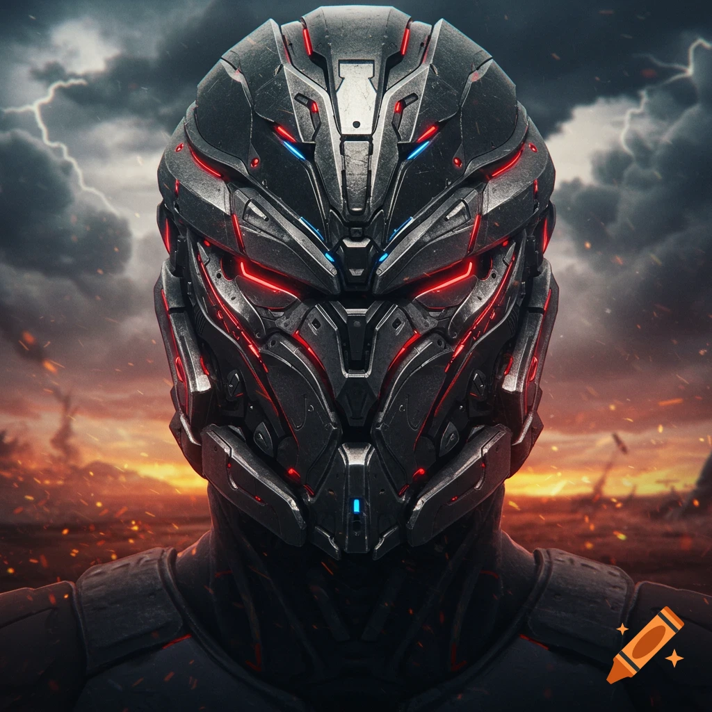Close-up of a dark, futuristic armored helmet with glowing red and blue accents against a stormy, fiery battleground sky.
