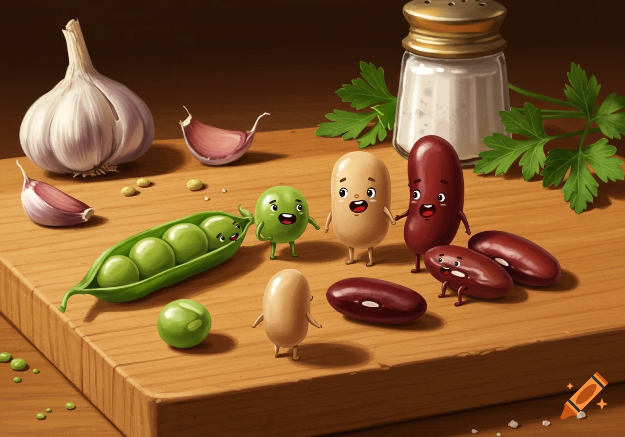 Cartoon illustration of anthropomorphic peas and beans on a cutting board with garlic and salt, looking happy and conversing.