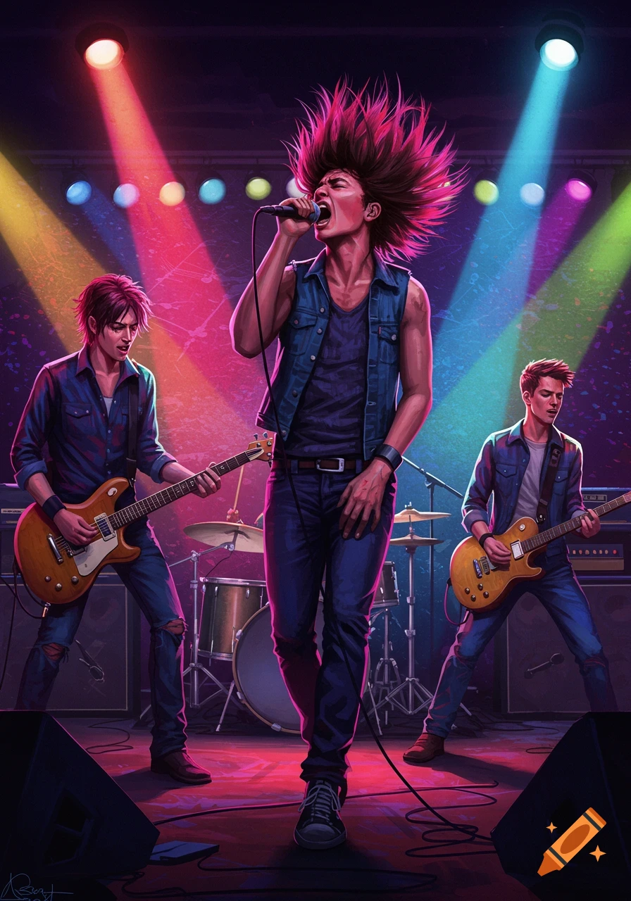 An illustrative rock band performs on stage under colorful spotlights, with a central spiky-haired singer and two guitarists.