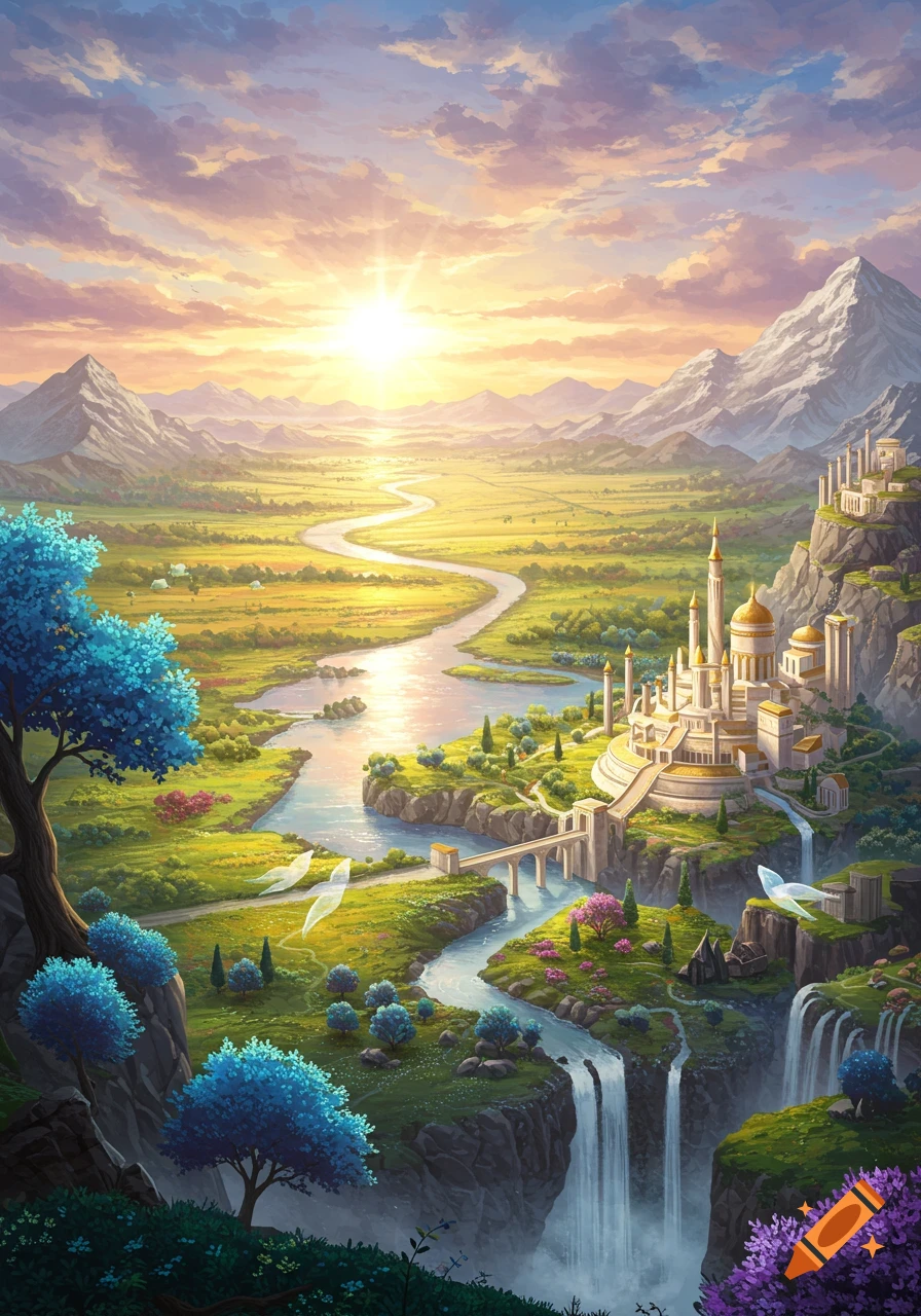 A vibrant fantasy landscape with a golden castle, winding river, waterfalls, and mountains under a sunrise sky.