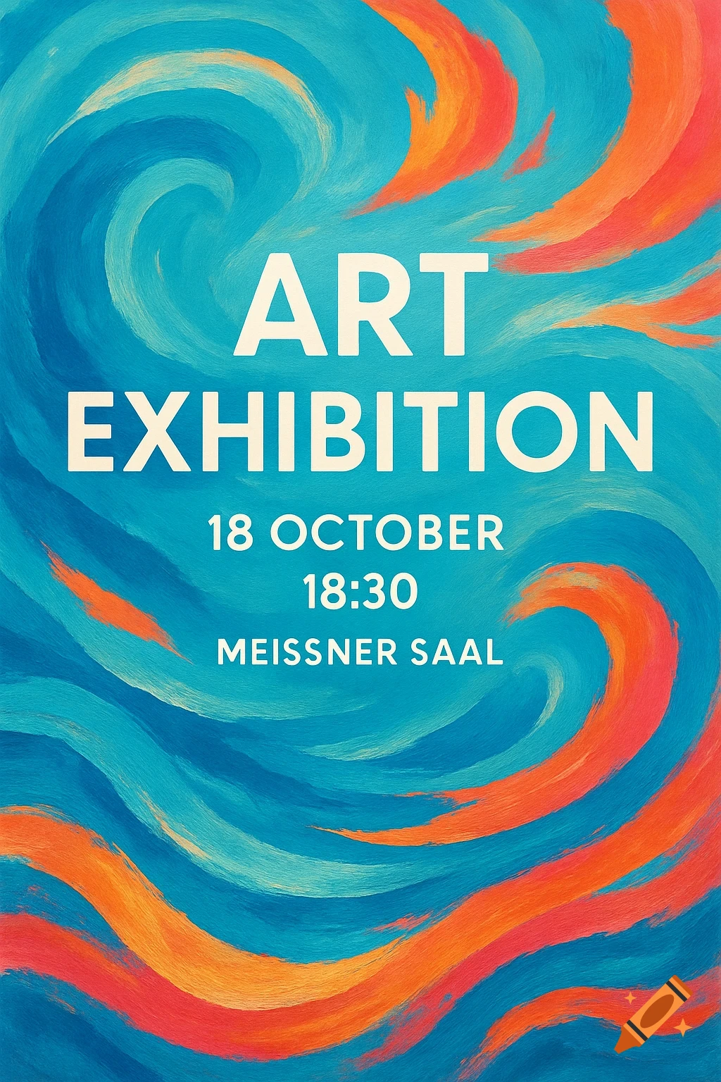Abstract art exhibition poster with blue, teal, and orange waves. Text: ART EXHIBITION, 18 OCTOBER, 18:30, MEISSNER SAAL.