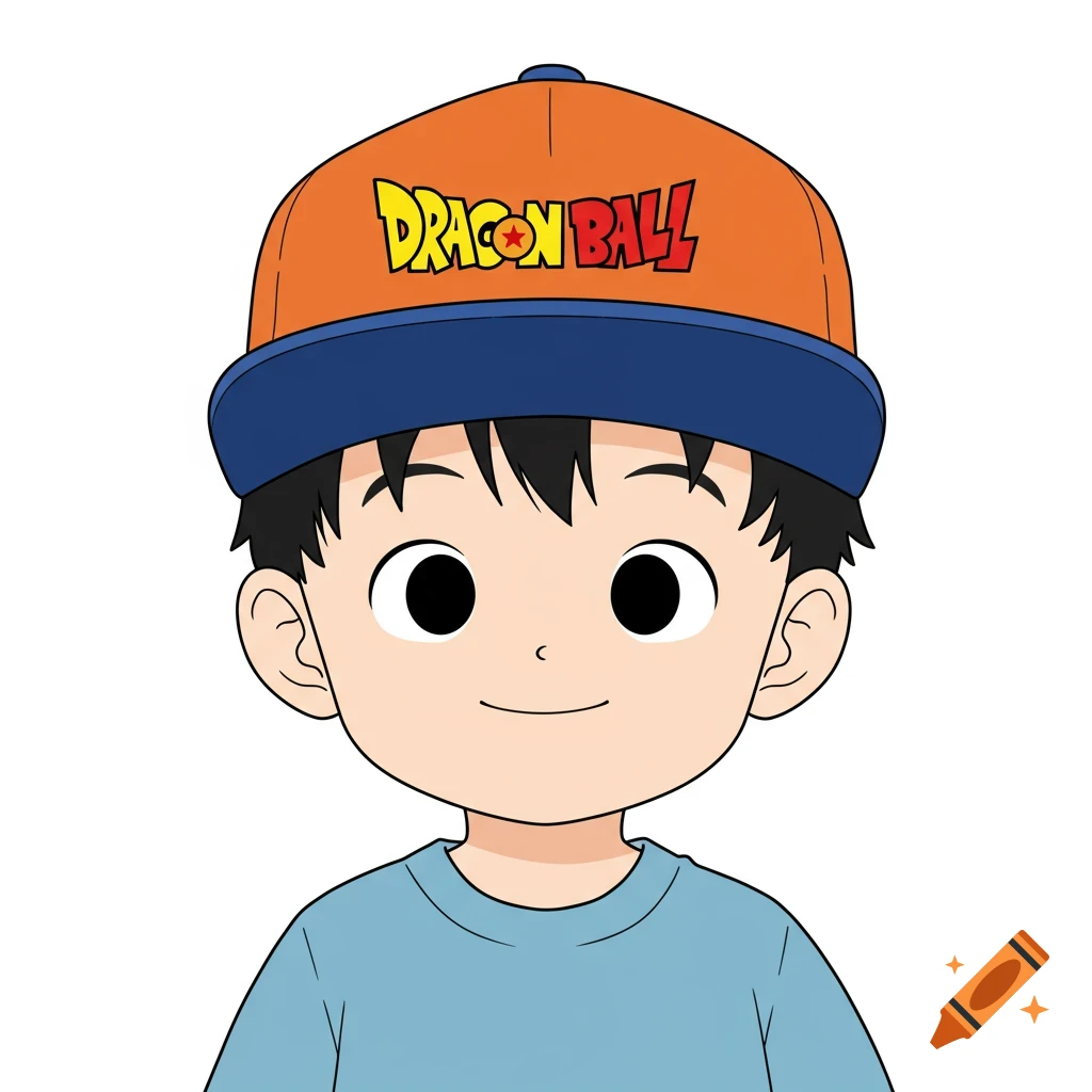A cartoon boy with black hair wearing an orange and blue cap with 'DRAGON BALL' text and a light blue t-shirt, smiling.