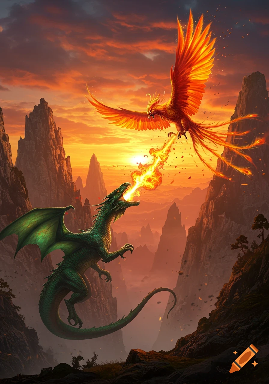A majestic green dragon breathes fire at a fiery phoenix flying above, against a vibrant sunset in a mountainous valley.
