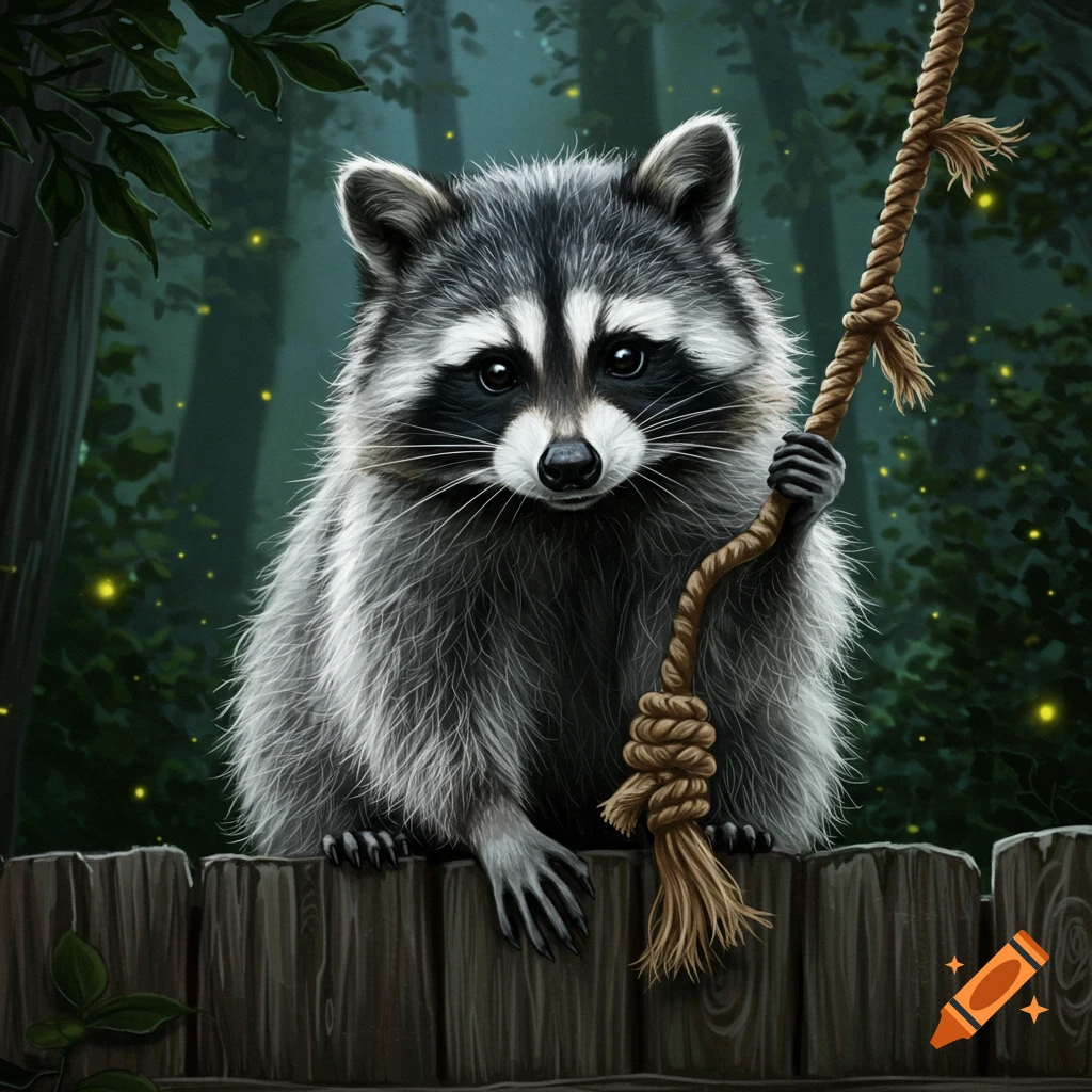 An illustrated raccoon with bushy fur sits on a wooden fence, holding a knotted rope in a dark forest with glowing fireflies.