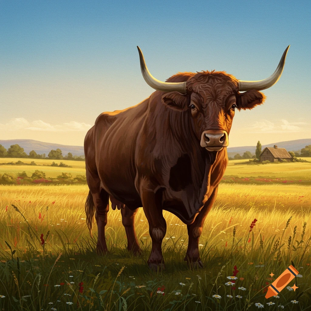A majestic brown ox with long horns stands in a sunny golden field with a barn and rolling hills in the background.