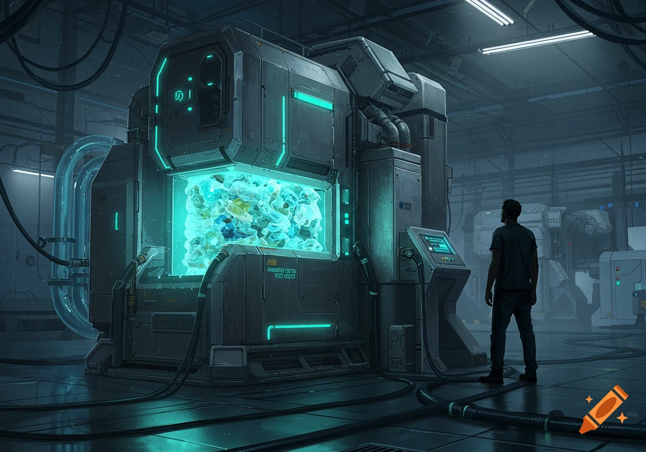 A man stands in a futuristic, dimly lit factory, looking at a large machine glowing with processed plastic, in a sci-fi art style.