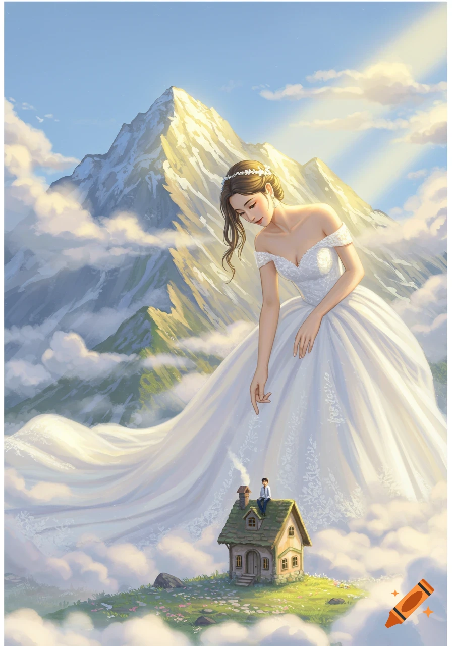 Giant bride in a wedding dress gazes at a tiny house with a man on the roof, surrounded by mountain peaks and clouds.