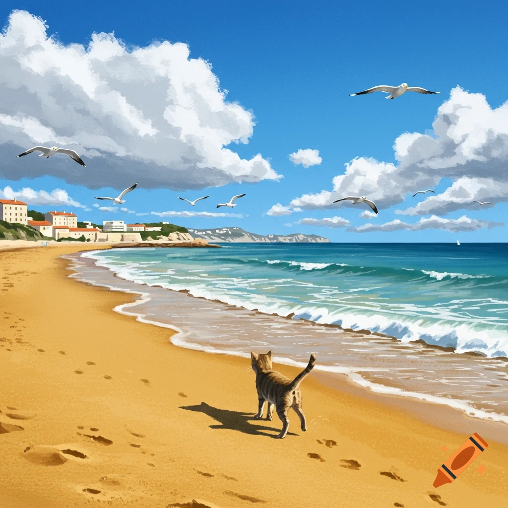 A cat walks on a sandy beach next to the ocean under a blue sky with white clouds and flying seagulls. Distant buildings line the shore.