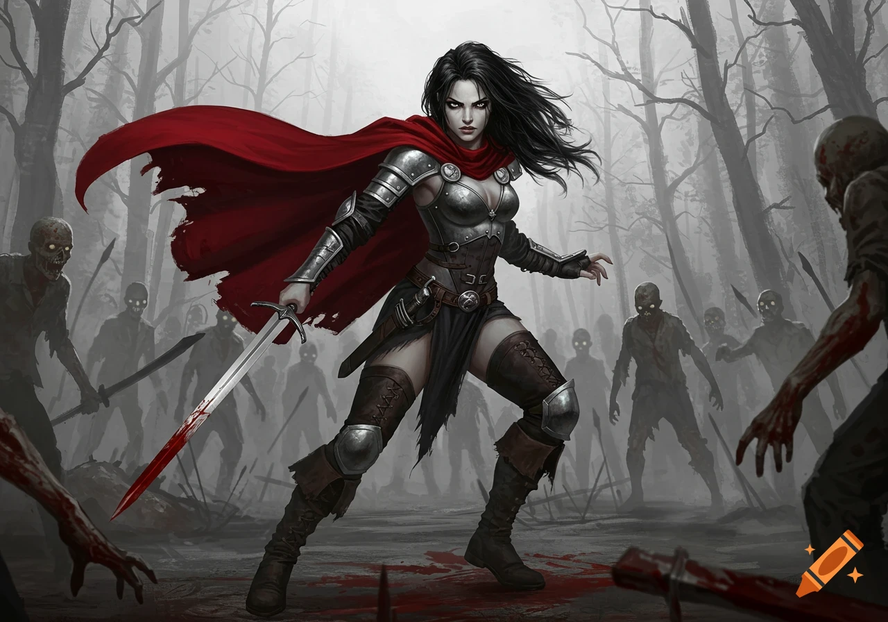 A dark-haired female warrior in armor and a red cape fights zombies in a misty forest, blood on her sword and the ground.