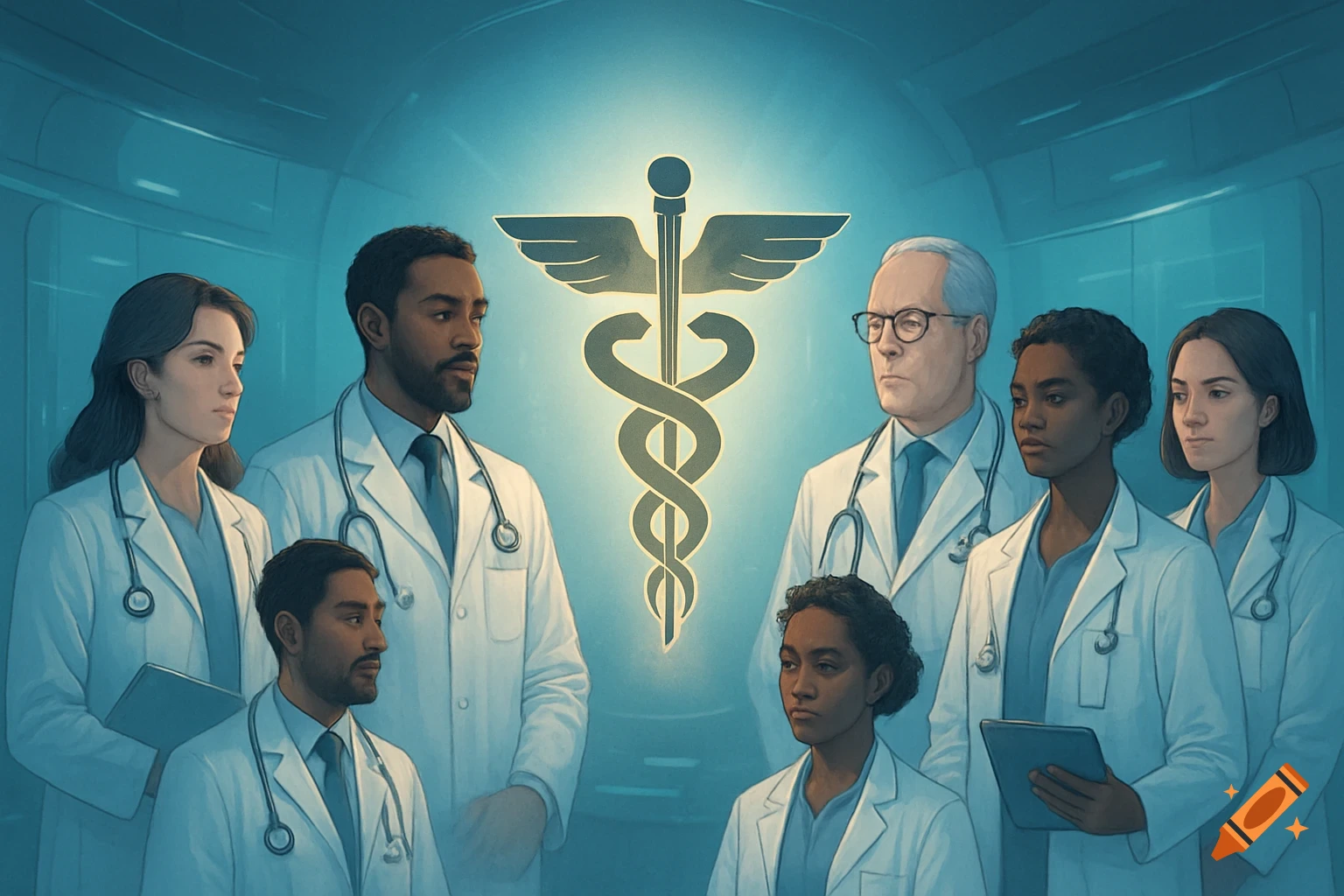 An illustrated group of diverse doctors and medical professionals standing around a glowing Caduceus symbol.