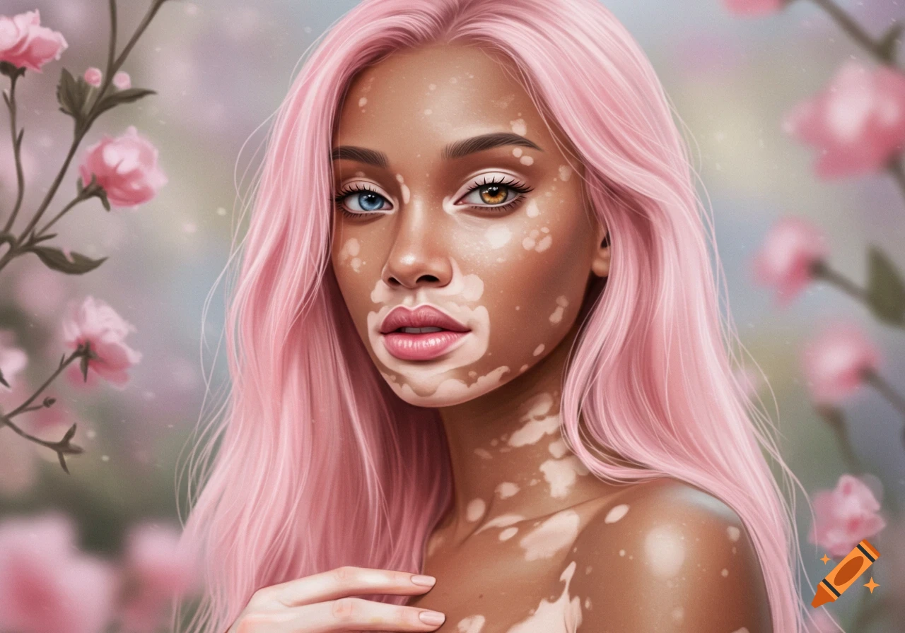 Digital art portrait of a woman with vitiligo, long pink hair, and heterochromatic eyes, surrounded by blurred pink flowers.