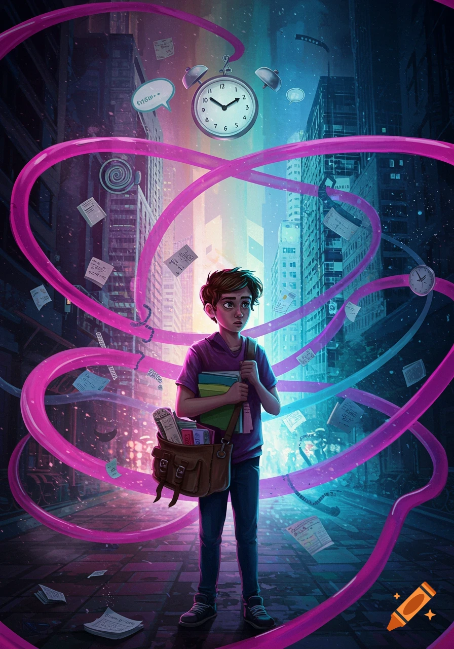 A worried boy stands in a city street, surrounded by floating papers, pink ribbons, and an alarm clock in a vibrant, illustrative style.