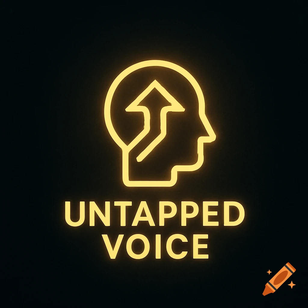 A minimalist golden neon logo featuring a human head profile with an upward arrow inside, above the text "UNTAPPED VOICE" on a dark background.