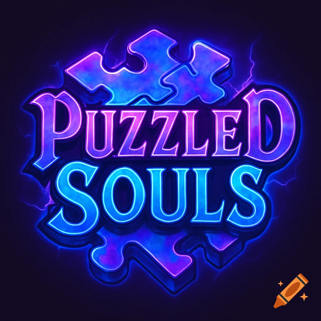 A glowing purple and blue logo for 'Puzzled Souls' with puzzle piece elements, designed in an arcade style.
