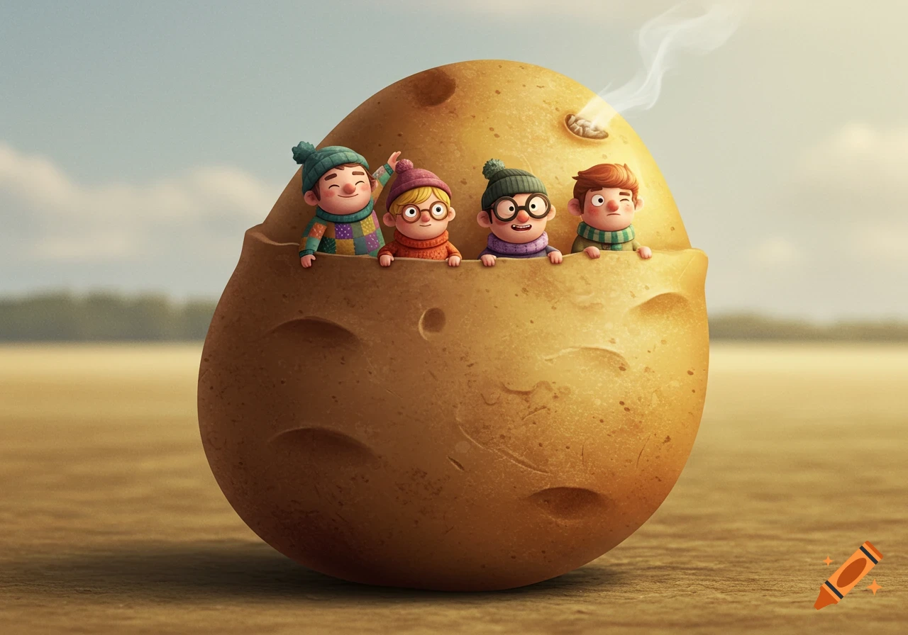 Four happy cartoon children with colorful hats and sweaters peek out from a large, partially cracked potato in a field.