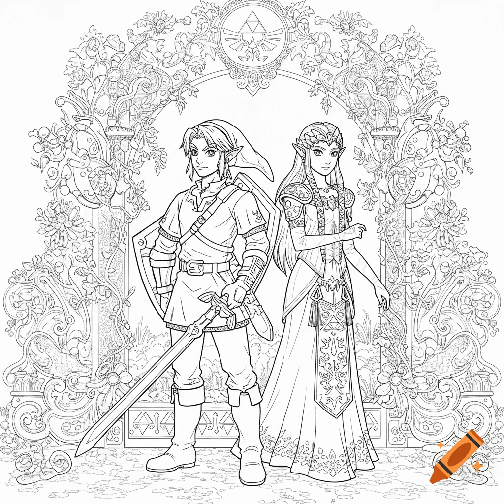 Link and Zelda in a detailed line art coloring page, standing under an ornate archway with a Triforce symbol.