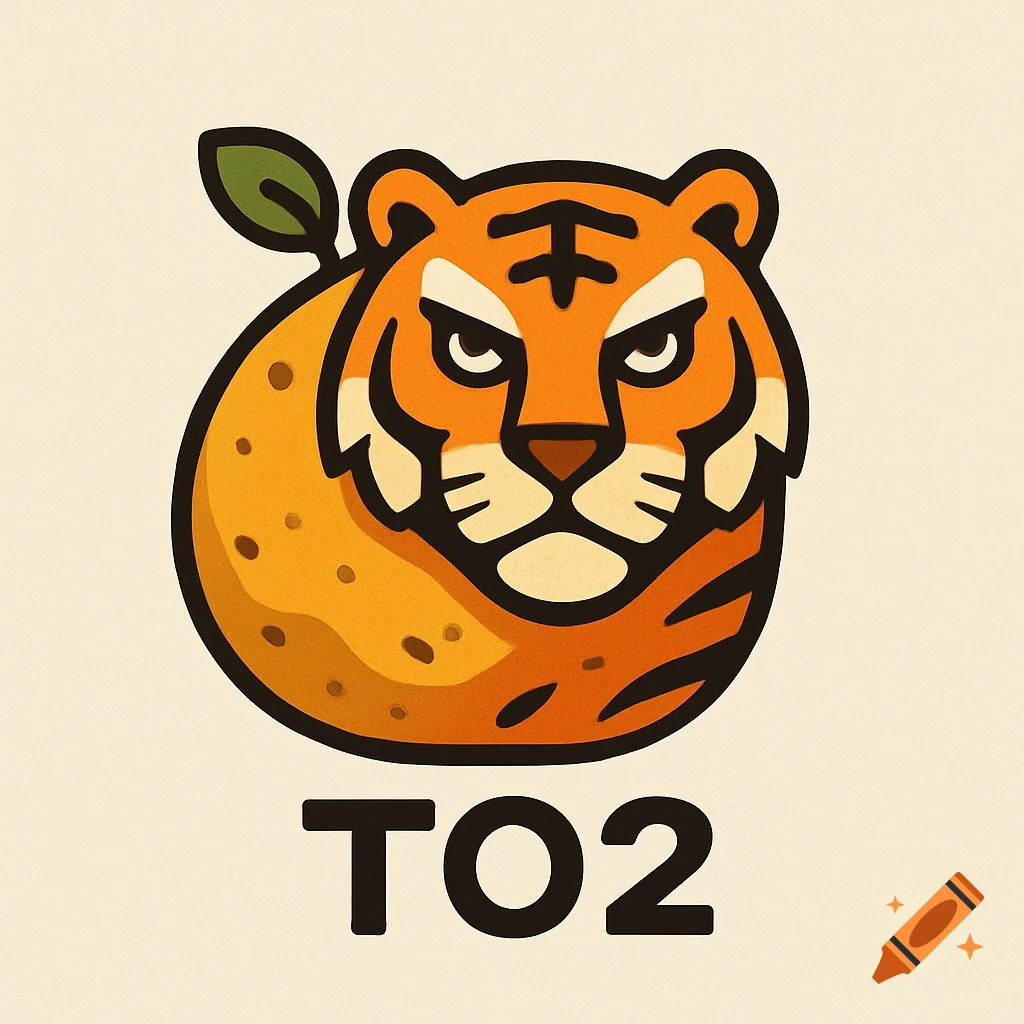Cartoon logo of an orange tiger's head on a potato body with a leaf, text 'TO2' below.
