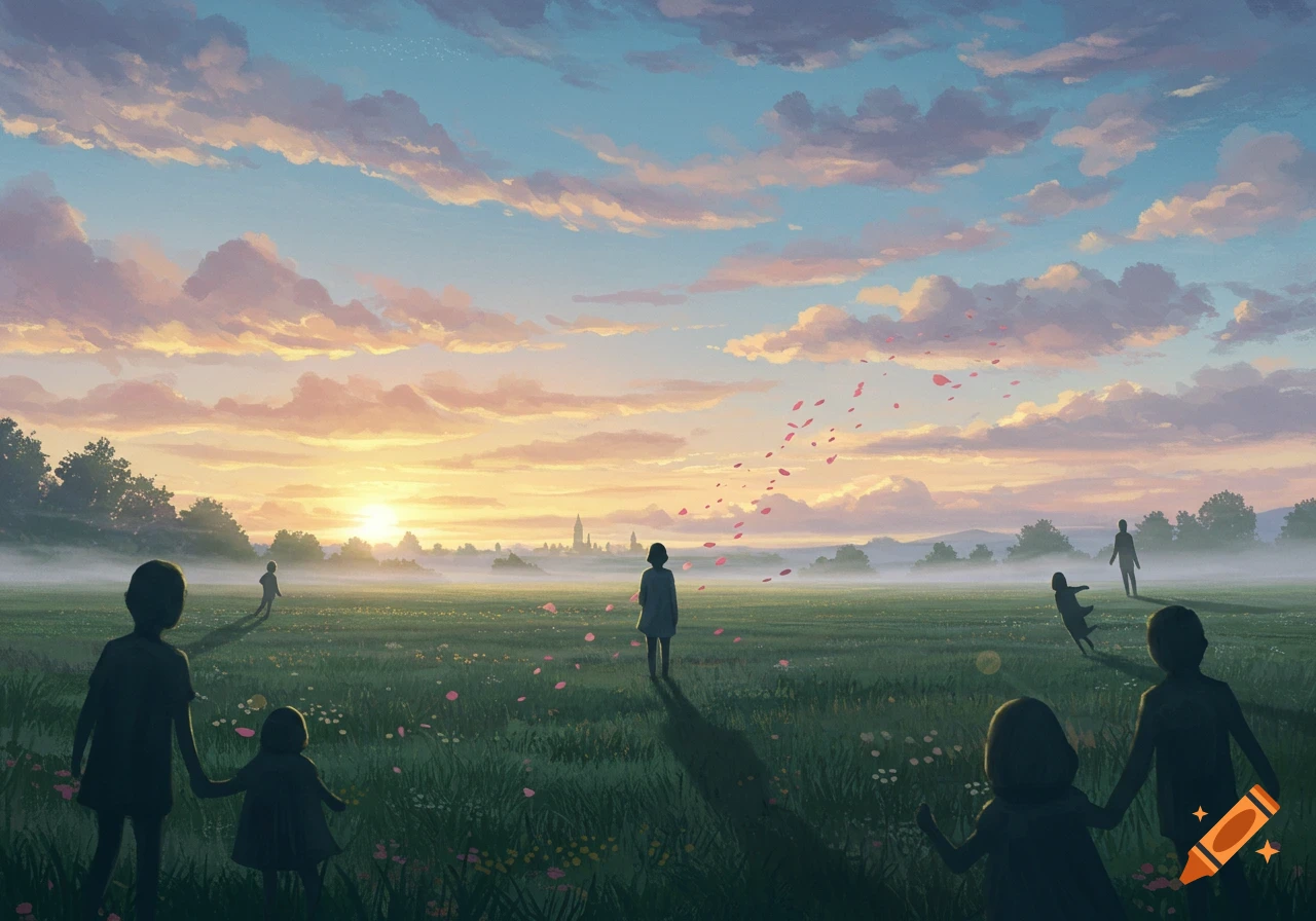 A field at sunset with silhouetted children and adults, pink petals falling across the dreamy, cloud-filled sky and misty landscape.