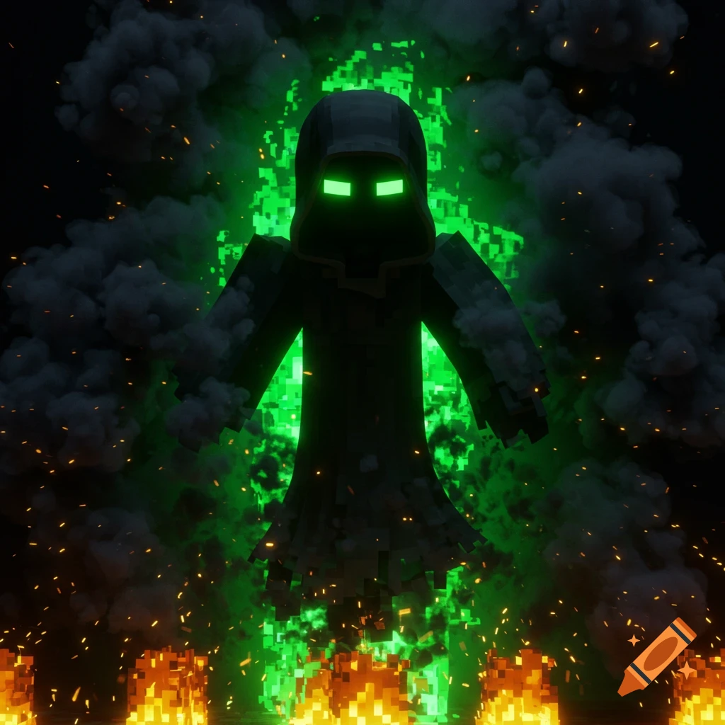 A pixelated, hooded black ghost with glowing green eyes and energy, surrounded by dark smoke and fire in a Minecraft style.