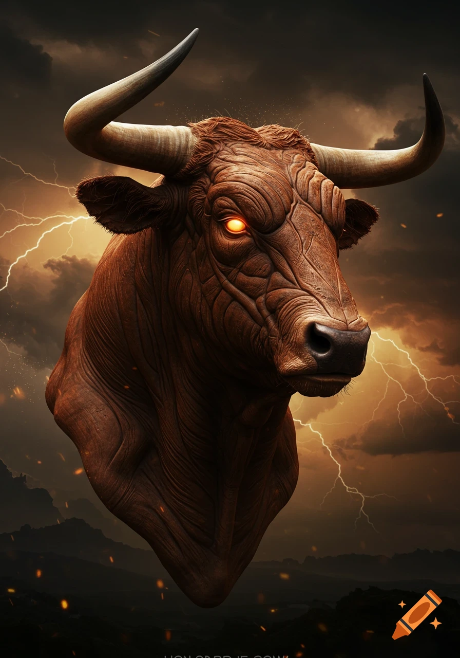 Photorealistic image of an aggressive bull's head with glowing orange eyes against a dark, stormy, lightning-filled sky.