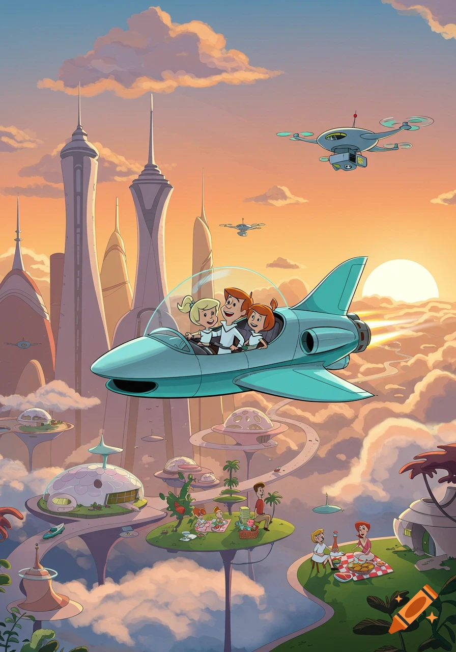 The Jetsons fly a teal spaceship over a vibrant, futuristic city of floating islands at sunset, with characters picnicking below.