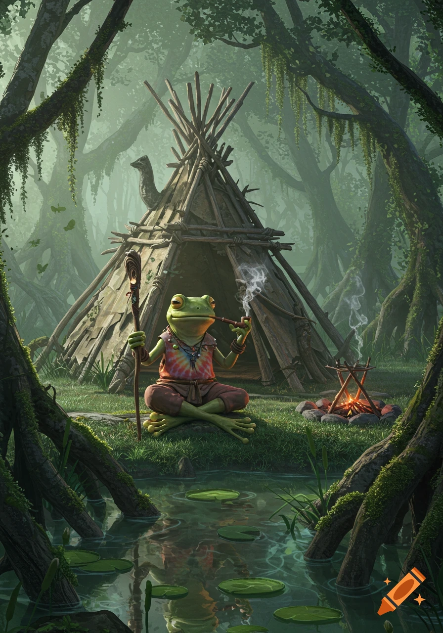 A frog-like character in a tie-dye shirt sits cross-legged, smoking a pipe, in front of a wooden teepee in a misty swamp forest.