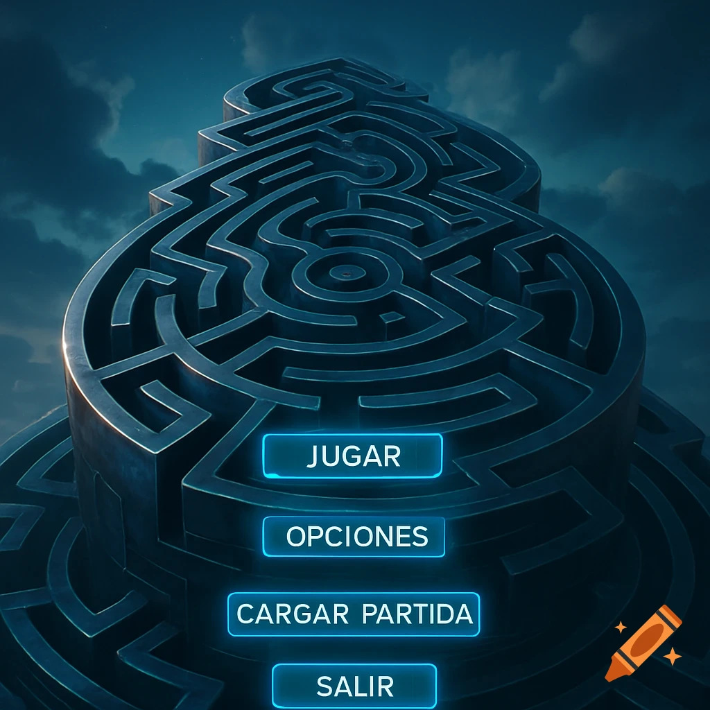 A 3D labyrinth game menu with four glowing blue buttons: JUGAR, OPCIONES, CARGAR PARTIDA, and SALIR.