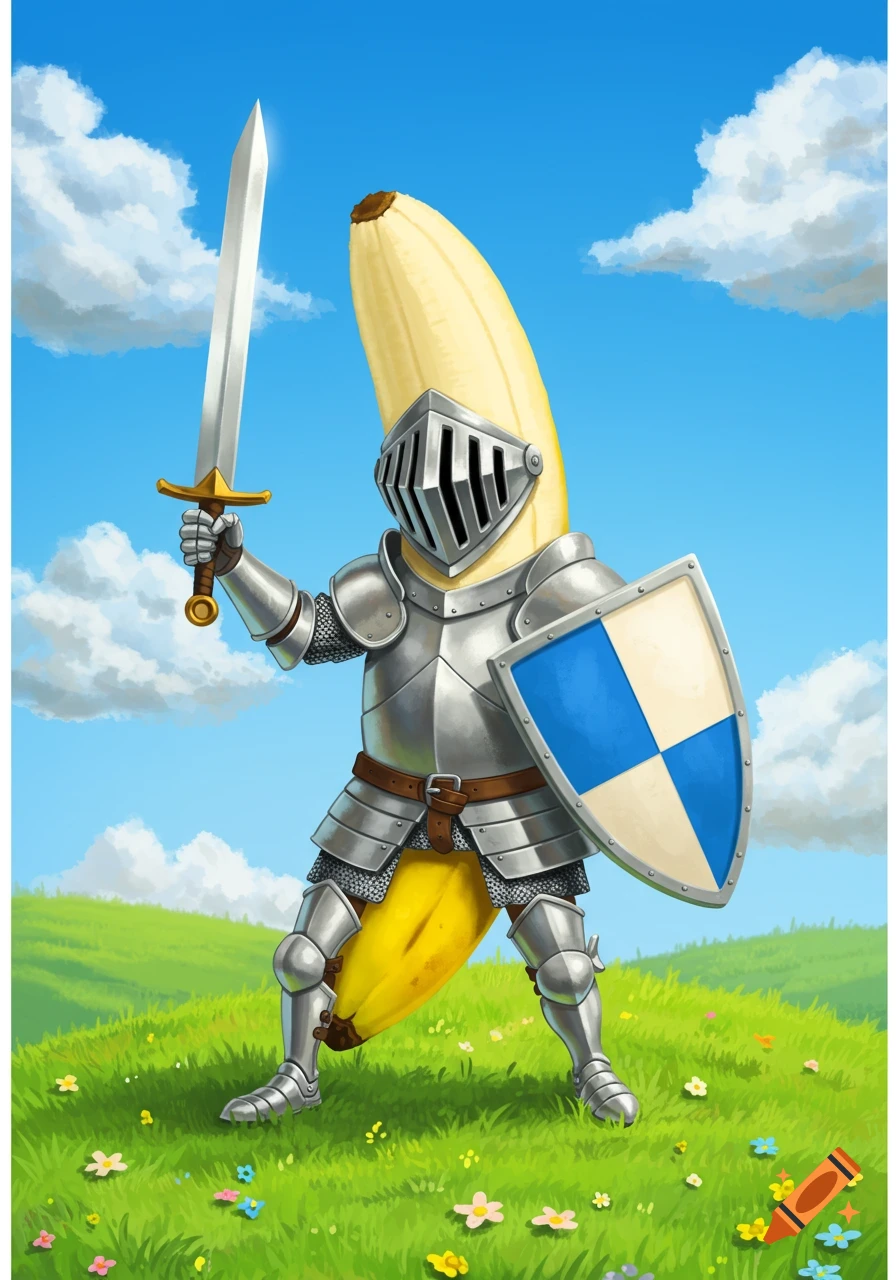 Cartoon illustration of a banana knight in shining armor, holding a sword and shield, standing in a grassy field.