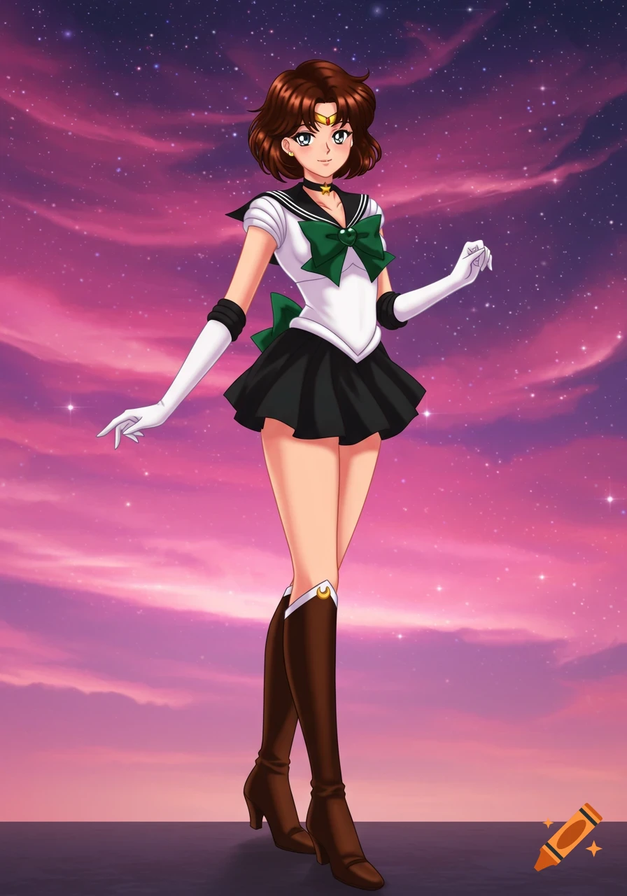 Anime girl with brown hair in a Sailor Moon-inspired uniform, featuring white top, green bows, black skirt, and brown boots, against a starry pink and purple sky.