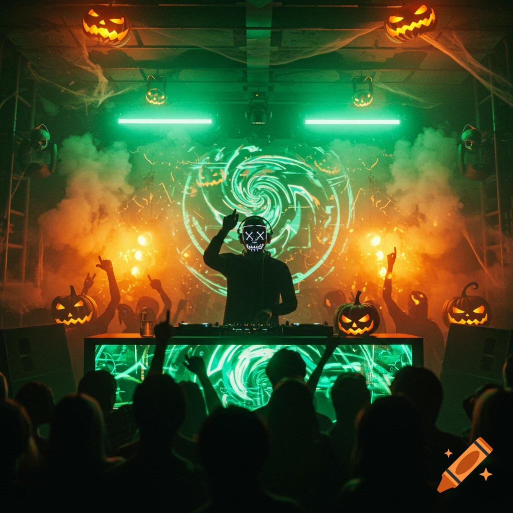 A DJ in a glowing skull mask plays music at a vibrant Halloween club party with carved pumpkins and green and orange lights.