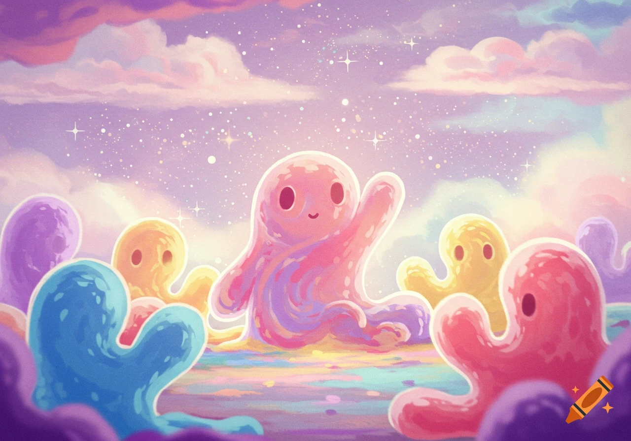 A cartoon illustration of cheerful, colorful blob creatures in a whimsical, pastel landscape with a starry sky.